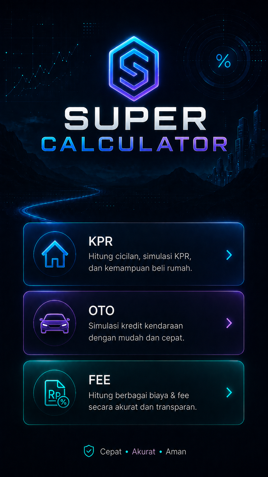 Super Calculator dengan pilihan modul KPR, OTO, dan FEE